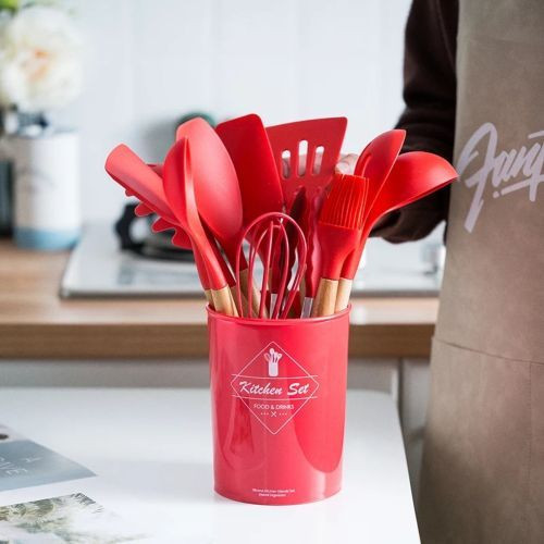 12 Piece Silicone Kitchen Tool Cooking Utensils/ Serving Spoons Set,Red.