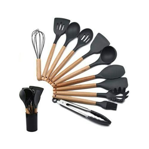 12 Piece Silicone Kitchen Tool Cooking Utensils/ Serving Spoons Set,Black.