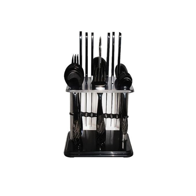 24pcs Cutlery (Forks,Spoons& Knieves) with a Stand - Black