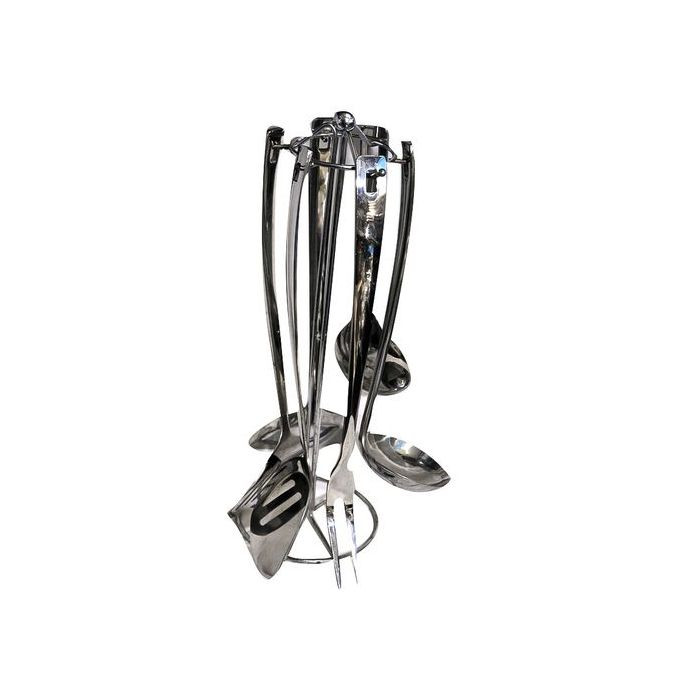 Long Dinner Serving Utensils/Spoons with Stand, 7pcs - Silver