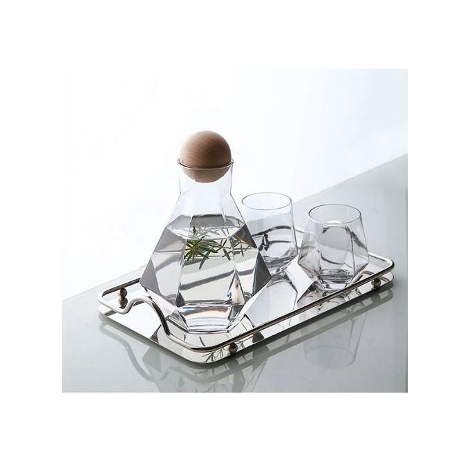 4 Water Glasses,1Jug With Wooden Stopper And A Tray, Colourless .