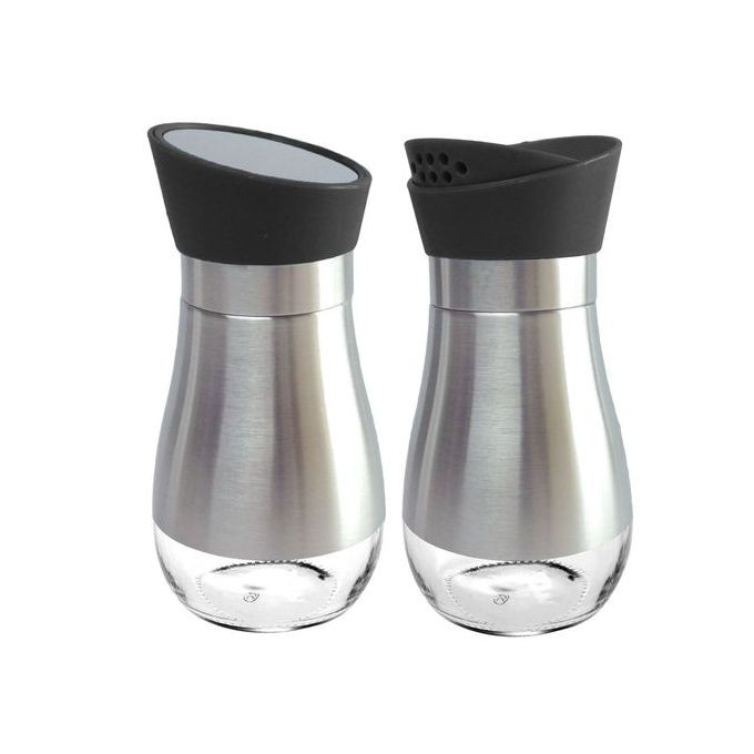 2 Pc Steel And Glass Rotating Pepper And Salt Shaker Set-Black