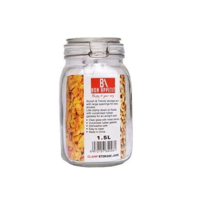 1.5Litre Glass Clip Jar, Cereal Food Cookie Storage Tin, Colourless