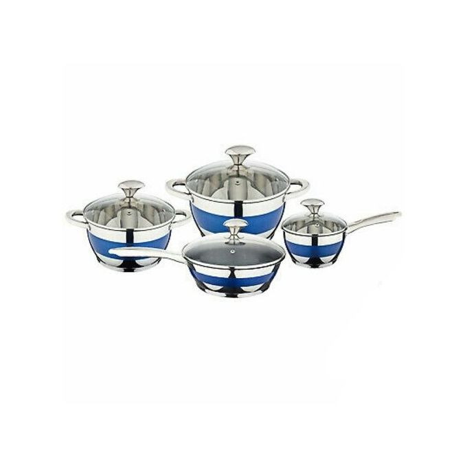 8 Pcs Stainless Steel Induction Hob Casserole Saucepans Pots Cookware Set-Blue.