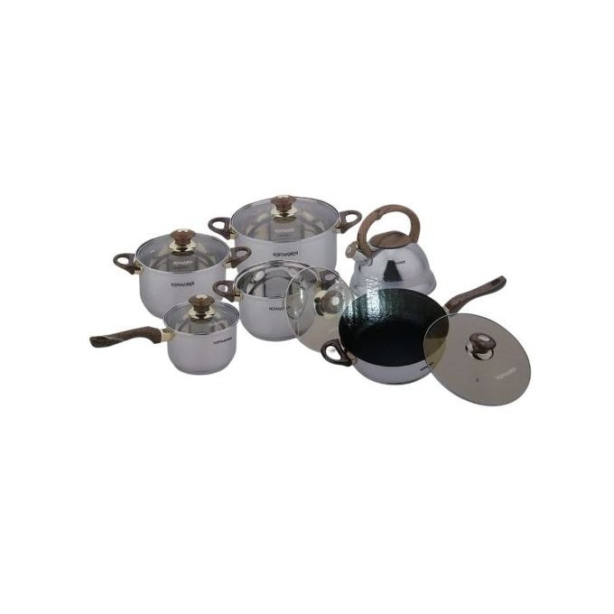 12 Pc Stainless Steel Pots And Frying pan Saucepans Cookware, Silver, Gold.