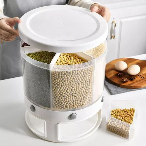 Rotating Food Storage Rice Bucket Cereal Dispenser Container Organizer -White.