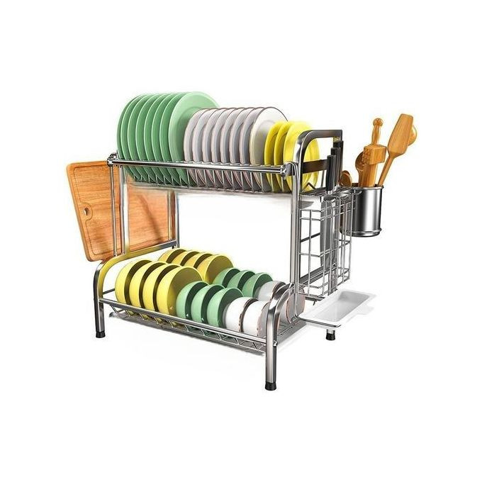 2 Tier Aluminum Plate Dish Drying Draining Rack Storage Organizer, Silver.