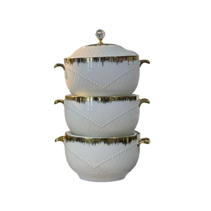 3 Piece Gold Design Soup Food Serving Dishes Bowls Casserole Pots- White