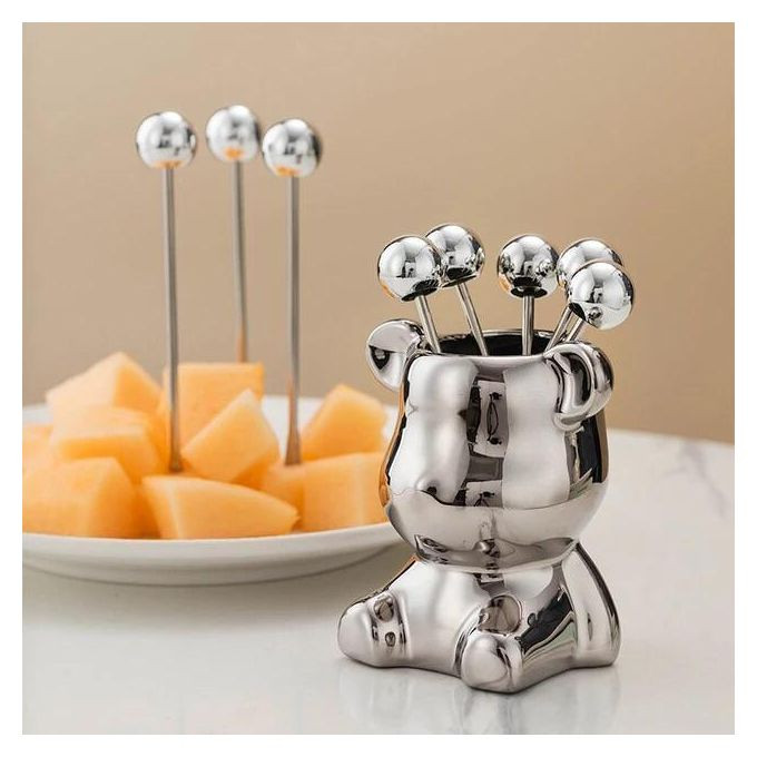 Stainless Steel Dessert Forks With Storage Jar Cute Bear Utensils For Home Party Resturant Tasting Dessert Fruit Pickle Appetizer Fruit Salad Fruit Tank Gift set