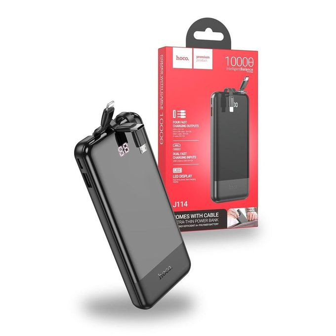 J114 Fast Charging Mobile power bank with 10000mAh capacity.Type-C and Micro-USB inputs. USB-A port and built-in cables for Lightning, Type-C and Micro-USB outputs. LED digital display of power level.- Black Hoco