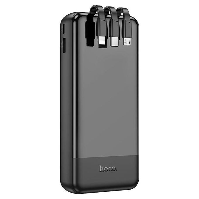 J114A Mobile power bank with 20000mAh capacity. Type-C and Micro-USB inputs. USB-A port and built-in cables for Lightning, Type-C and Micro-USB outputs. LED digital display of power level- Black Hoco