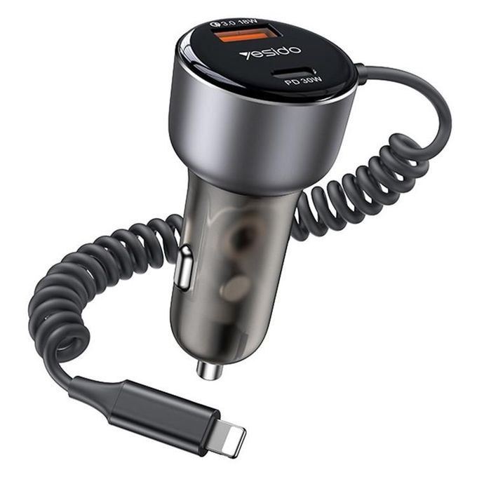 Y57 50W Cell Phone Super Fast Car Charger Included Cigarette Lighter Car Charger with iP Coiled Lightning Cable- Black Yesido