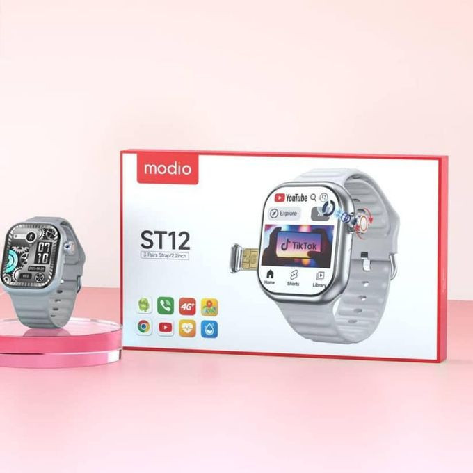 ST12 4G Network 2.2 inch Smartwatch with 3 Pairs Strap Simcard Slot And Camera- Multicolor Modio