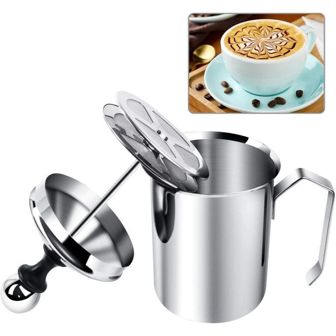 500ml Manual Milk Creamer Hand Pump Frother Cappuccino Latte Coffee Foam Pitcher with Handle, Lid, Double Layer Filter Screen, Stainless Steel, 17-Ounce -Silver