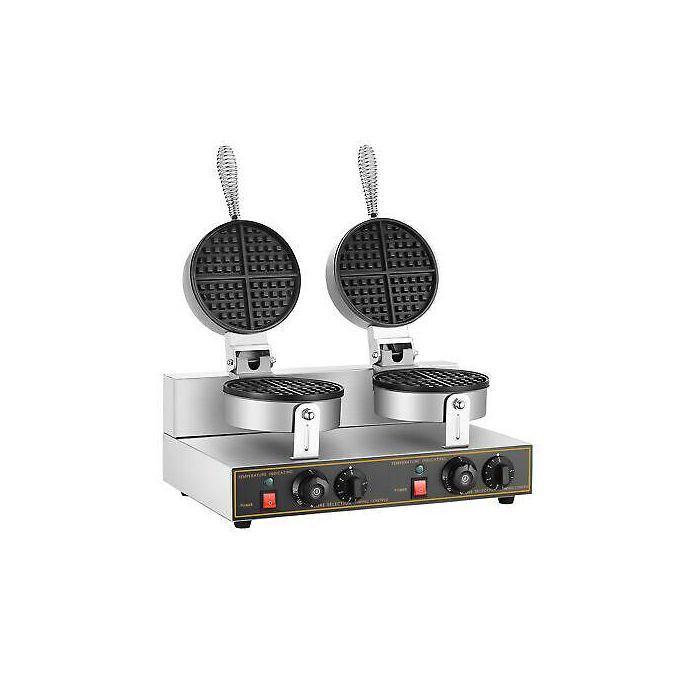 Commercial Waffle Maker, Double Head Waffle Maker Machine 110V 2400W Professional Waffle Iron Non-stick Round Waffle Maker for Bakery, Restaurant, Snack Bar or Household - Silver