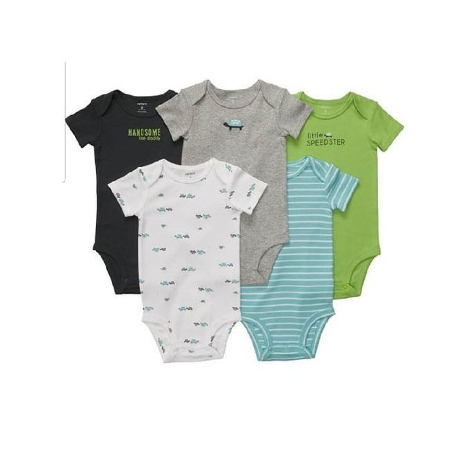 5 Baby Boy Cotton Bodysuits, Design May Vary - Multicolor