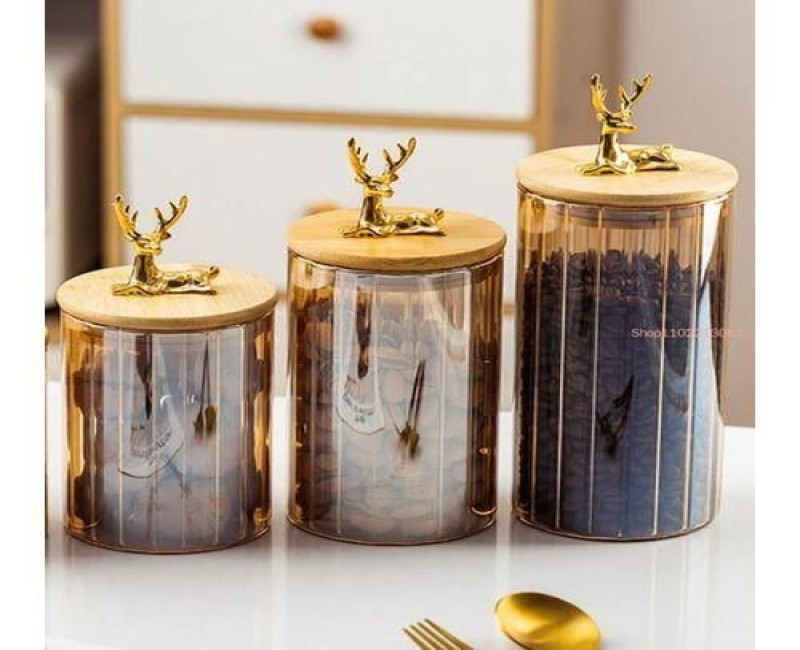 3PC Airtight Storage Pantry Food Glass Jars With Bamboo Clamp Lids- Brown. .