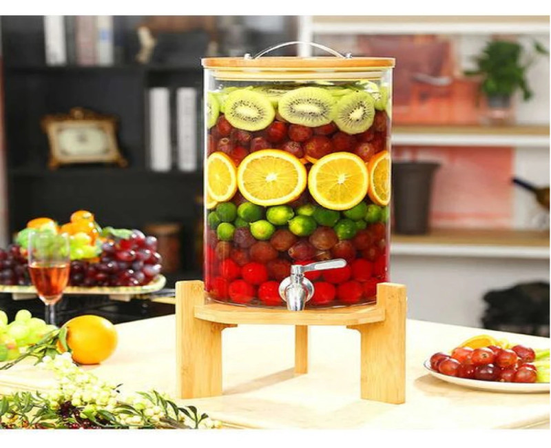 7L Glass Drinks Dispenser Jar With Tap, Spigot, Lid And Wooden Stand for Hot or Cold Beverages- Clear.