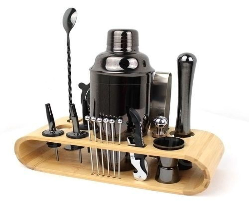 Stainless Steel Bartender Cocktail Shaker On Bamboo Wood Stand Gift Set- Black.