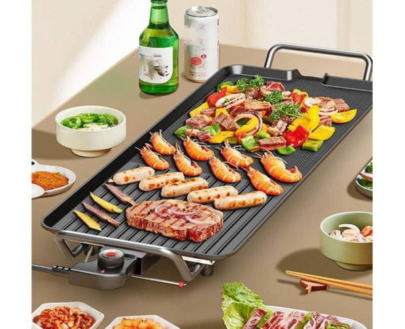 Nonstick Thermometer Electric Grill Pan BBQ Grill Machine with Two-Zone Baking Mould and Adjustable Temperature Control Electric Table Grill for Indoor Dinner Parties- Black Winningstar