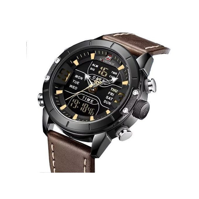 Naviforce Leather Digital And Analog Mens Water Proof Watch - Brown