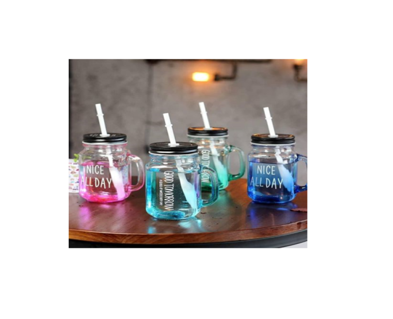 6 Set 16 oz Assorted Colored Steel lid Mason Jar Mugs With Handle And Straw Fashionable Drinking Glass For Coffee , Smoothie , Cocktails