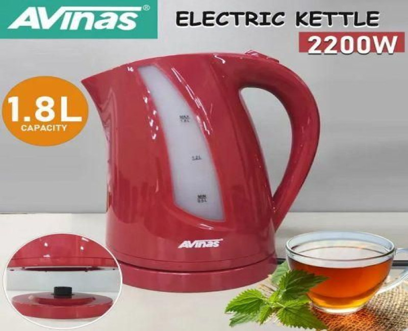 1.8L Automatic Switch Off Cordless Electric Kettle Stainless Steel Base Kitchen Office Water Heating Boiler- Red. Avinas