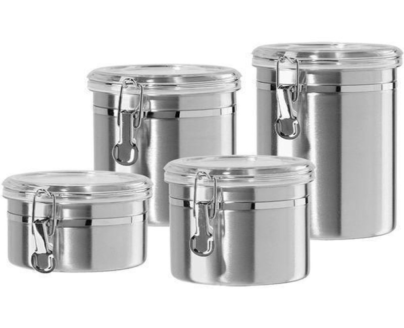 4 Piece Airtight Food Storage Container for Kitchen Counter Canister Set Ideal for Flour Tea, Sugar, Coffee, Candy, Cookie Jar with Clear Acrylic Lids & Locking Clamp -Silver