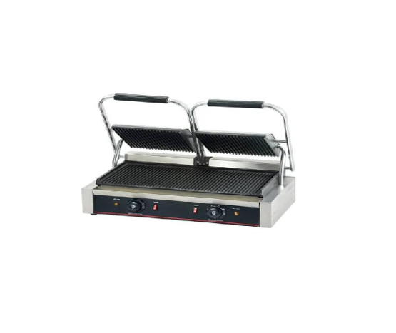 Double SidedCommercial Electric Contact Grill Sandwich Panini Press Grill Sandwich Toaster 2X1800W Temperature Control 122°F-572°F Commercial Panini Grill Non Stick Surface for Hamburgers Steaks Bacons Up Grooved and Down Plates- Black