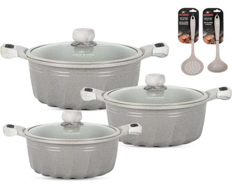 Pots Set 8 pieces Cookware set Induction Base Granite Non Stick Coating, Die Cast aluminum PFOA FREE include Casseroles & Silicone Utensils - Grey Life Smile
