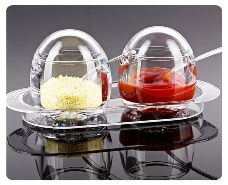 2 Pcs Acrylic Seasoning Box Clear Seasoning Rack Spice Pots & Storage Container Condiment Jars with Cover, Spoon and Tray for Spice, Salt, Coffee, Tea (Egg Shape)- Clear