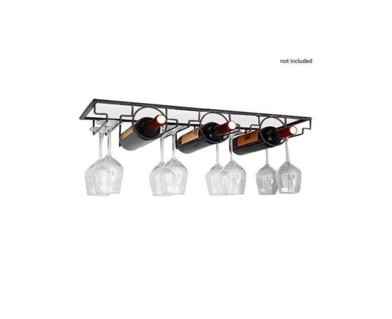 3 Bottle Wall Mounted Wine Bottle & Glass Rack, Black.