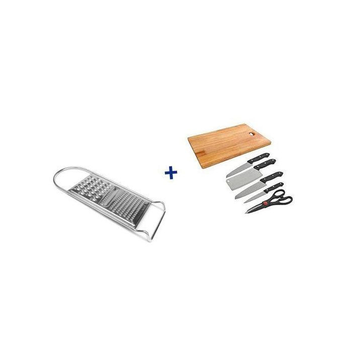 6Pc Kitchen Knife Set With Wooden Chopping Board + A Grater- Silver, Black