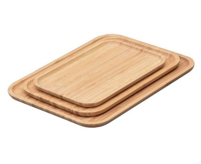 3 Piece Bamboo Wood Tea Food Serving Trays Plates - Brown