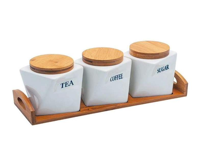 Ceramic Twisted Tea Coffee Sugar 3 Canisters Set With Wooden Wavey Stand Tray & Bamboo Lid Condiment Airtight Jars Set- White.