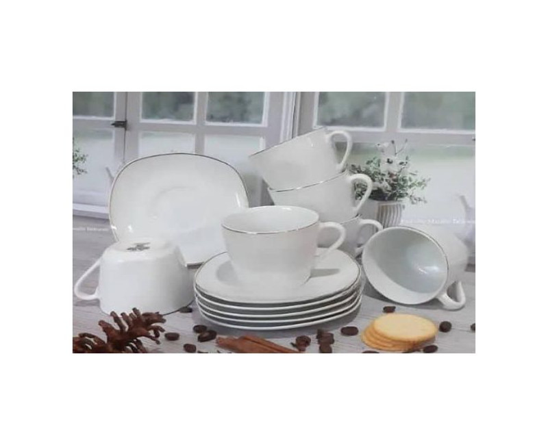 12 Piece Gold Line Diamond Cut White Cups And Saucer Coffee Cup Set For 6 Person Espresso Cup Cuppuccino Mug Set Gift Drinkware -White