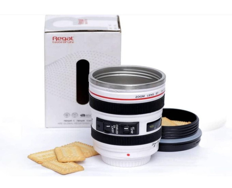 Photographer Camera Lens Coffee Mug -13.5oz Stainless Steel Thermos, Sealed & Retractable Lids! Photographer Travel Tea Cup- Black, White.