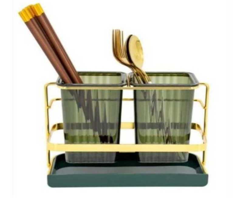 Kitchen Utensil Holder For Countertop 2 Cups Cooking Caddy Cutlery Rack For Fork Spoon Knife Spatula- Green.