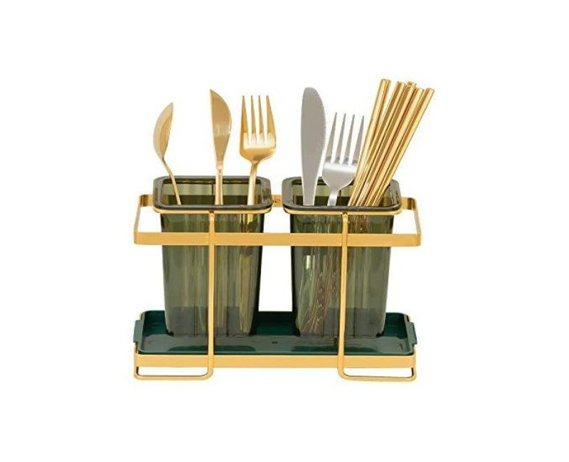 Kitchen Utensil Holder Countertop 2 Cups Cooking Cutlery Rack For Fork Spoon Knife Spatula- Green.
