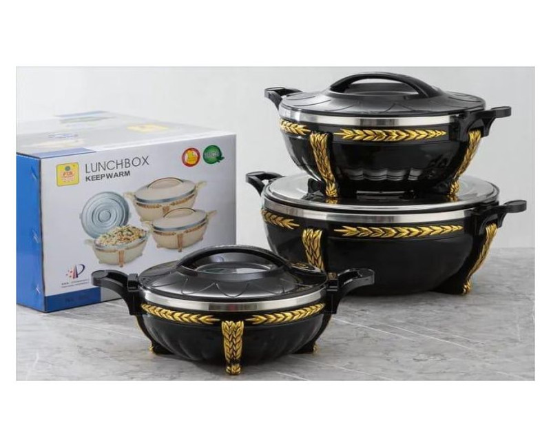 Double Walled Inner Stainless Steel Casserole Hotpot Food Warmer Hotcase Roti Server with Easy Locking System Serving Dishes, 3 PC Set