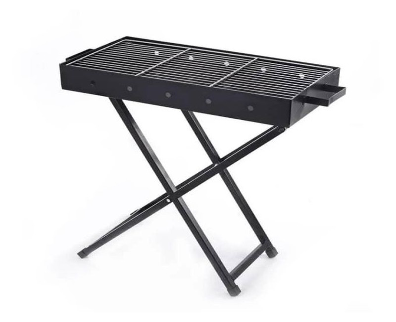 80x30cm Heavy Duty Foldable Bbq Stand With Kabab Smoker Grill Durable Iron Construction Barbecue Charcoal Grill, Folding Tabletop Kabab Smoker For Patio, Garden Outdoor Camping -Black