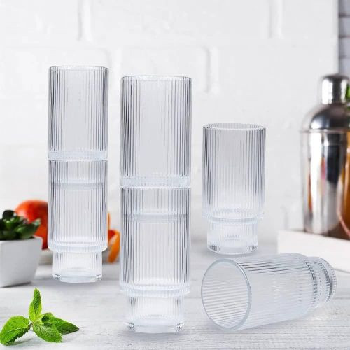 6 Pieces Set Of 16 OZ Glass Cups Ribbed Coffee Cups Drinking Glasses, Beer Glasses, Iced Coffee Glasses, Cute Tumbler Cup, Ideal for Whiskey,Cocktail,Wine - Clear