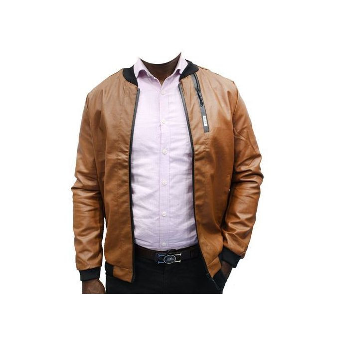 Men's Slim-Fit Synthetic Leather Jacket - Brown
