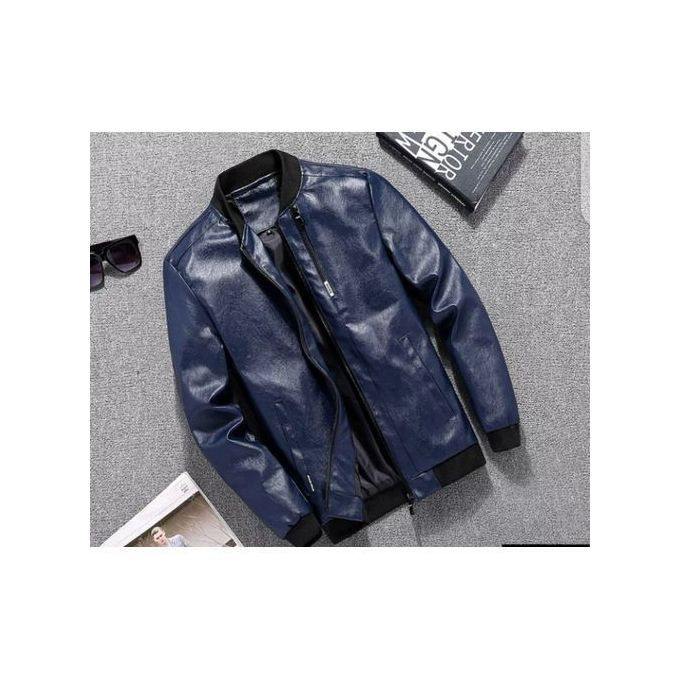 Men's Leather Jacket - Navy Blue.