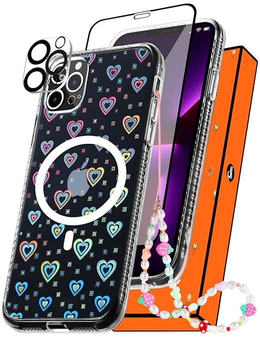 Gurgitat (4in1 Holographic Heart for Magsafe Case for iPhone 12 6.1” inch Cute Clear Hearts Phone Cases Aesthetic Girls Women Glitter Mag Safe Laser Design Camera Cover+Screen+Chain for iPhone12