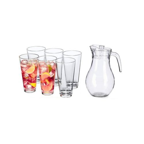 Set Of 6 Glass Tumblers And 1 Jar Pitcher -Transparent