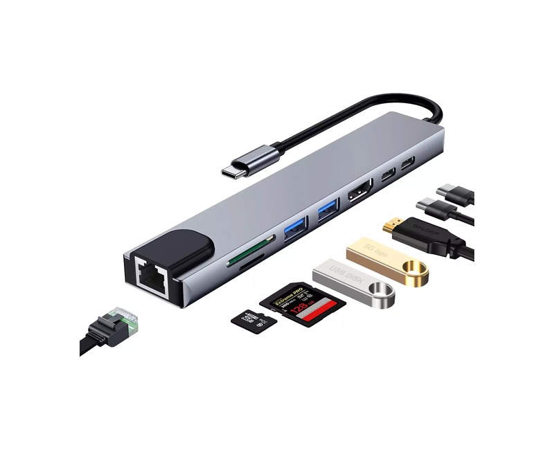 Type C Interface Hub, Ethernet Adapter USB3.0 TF Memory Cards USB C Female Port for IPad Pro /Type C Devices RJ45 Ethernet Mini SDTF OTG Adapter With 4K HDMI -Silver