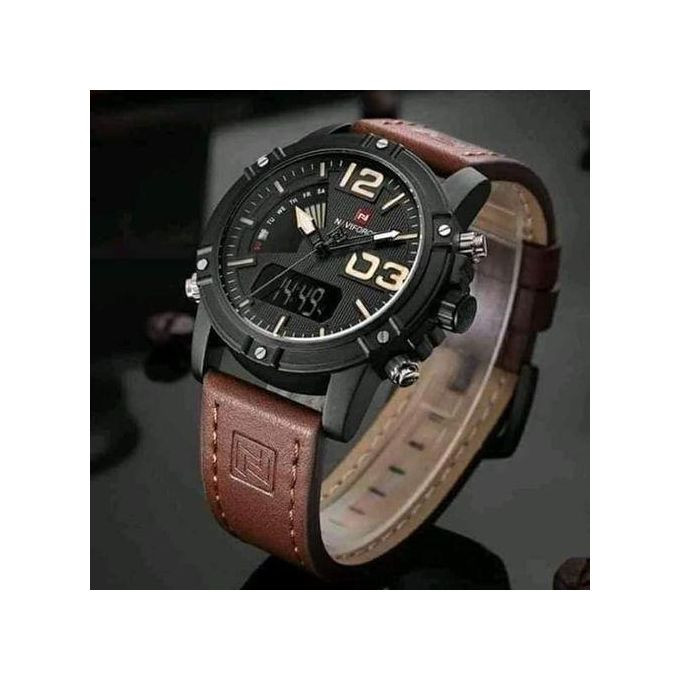 Leather Strapp LED Dual Display Watch - Brown, Black