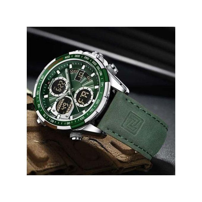 LED Dual Display Waterproof Men's Watch - Green,Silver