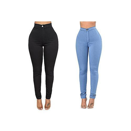 Ladies' 2 Pack High Waist Jeans - Blue,Black. Pocket Design May Vary